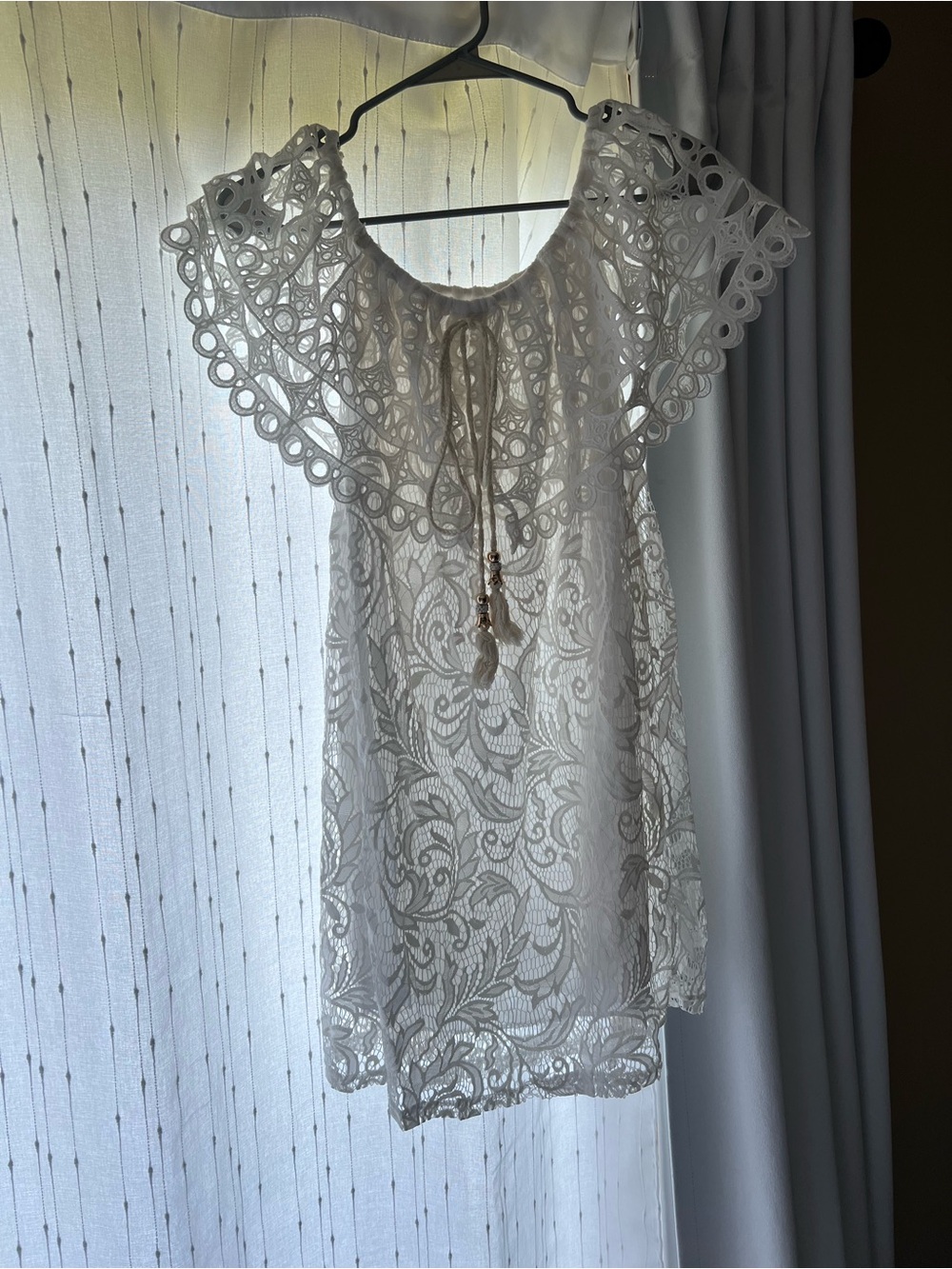 White Lace Off-Shoulder Boho Tunic with Tassel Tie